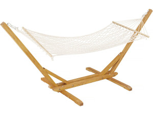 Hamac bois avec toile en macramé "Dallas" - 305 x 120 x 123 cm - Blanc