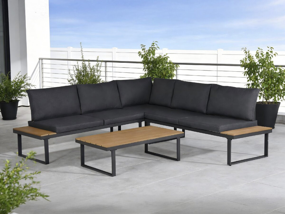 Salon de jardin canapé d'angle décor imitation bois "Fiora" - 5 places - Gris