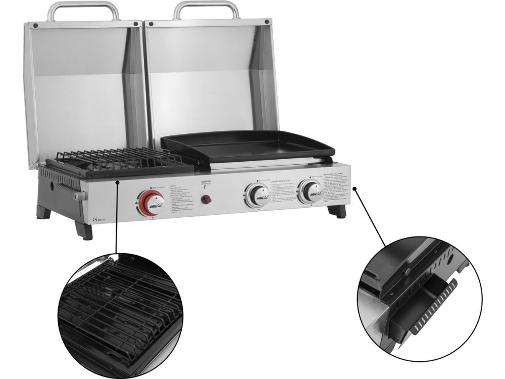 Plancha barbecue à gaz avec grille et plancha "Flamo" - 3 bruleurs - Gris