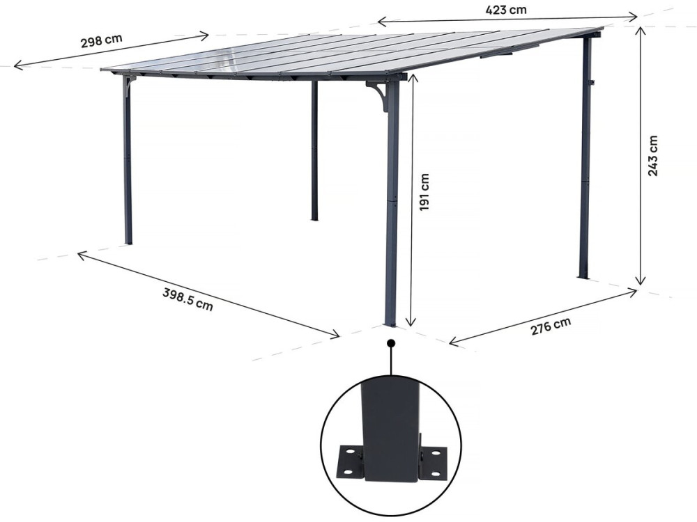 Pergola tonnelle adossée "Marvin" - 4 x 3 m - 423 x 298 x 243 cm - Gris foncé