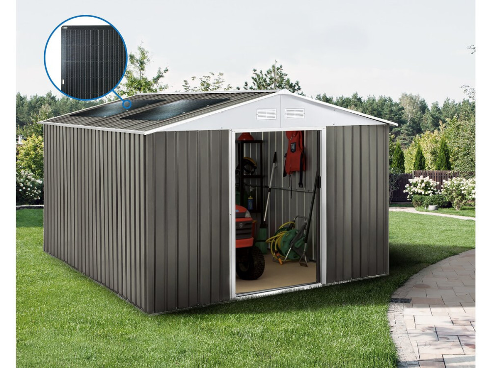 Abri jardin métal "Dallas" - 15.16m² avec panneau solaires - Taupe