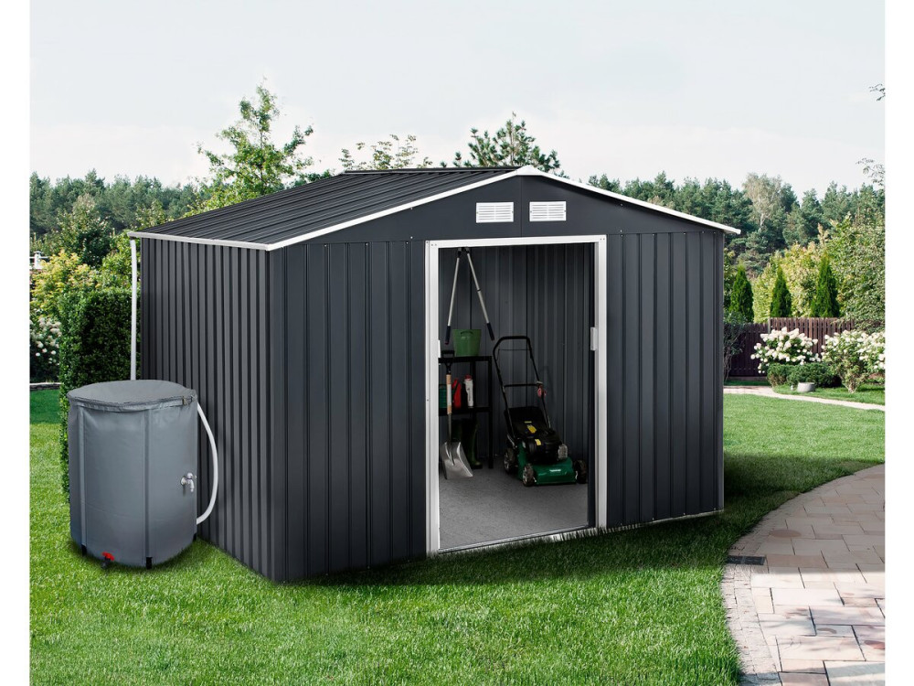 Abri de jardin métal -"Vegas" - 7.06 m² avec gouttière et récupérateur d'eau - Gris