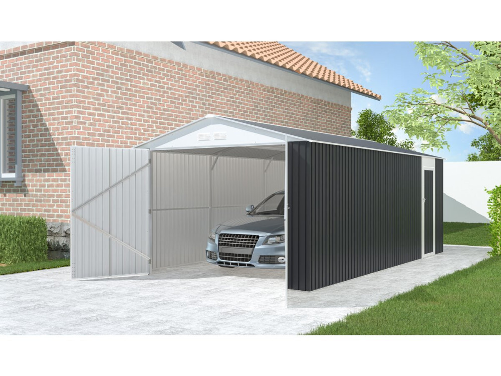 Garage métal " Houston" - 15,36 m² avec gouttière et récupérateur d'eau - Anthracite