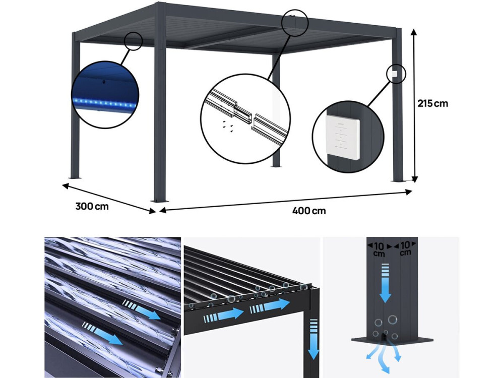 Pergola bioclimatique motorisé avec led "Windsor" en aluminium 3 x 4 - Gris