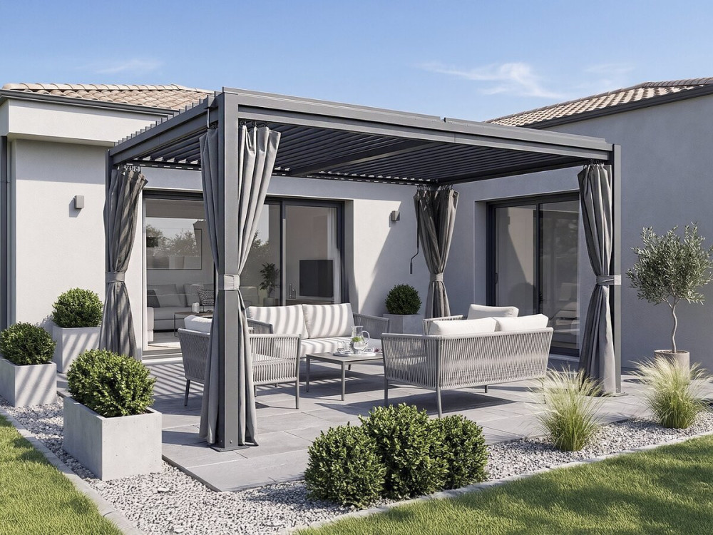 Pergola bioclimatique avec rideau et moustiquaire "Howard" - 3 x 4 m - Gris