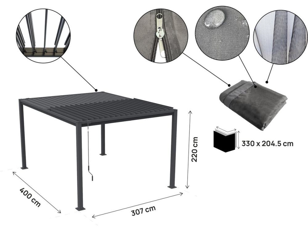 Pergola bioclimatique avec rideau et moustiquaire "Howard" - 3 x 4 m - Gris