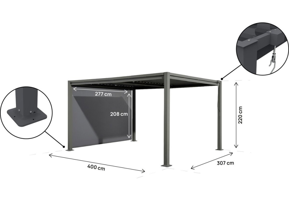 Pergola bioclimatique avec store en acier galvanisé "Howard" - 3 x 4 m - Gris