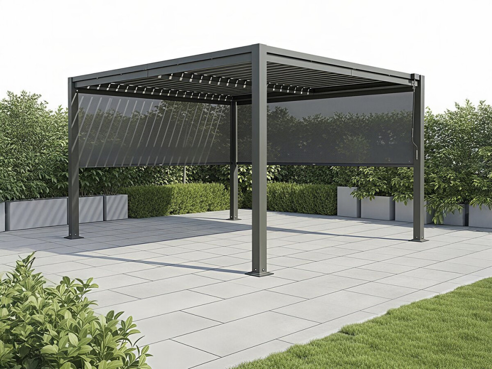 Pergola bioclimatique avec 2 stores en acier galvanisé "Howard" - 3 x 4 m - Gris
