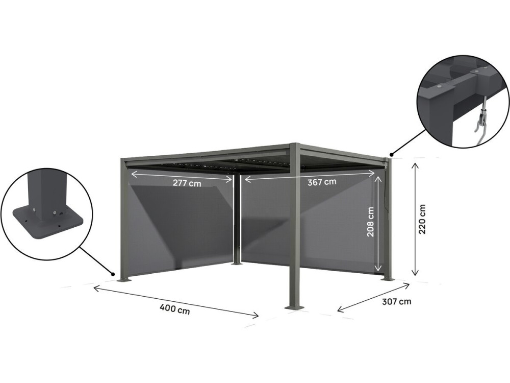 Pergola bioclimatique avec 2 stores en acier galvanisé "Howard" - 3 x 4 m - Gris