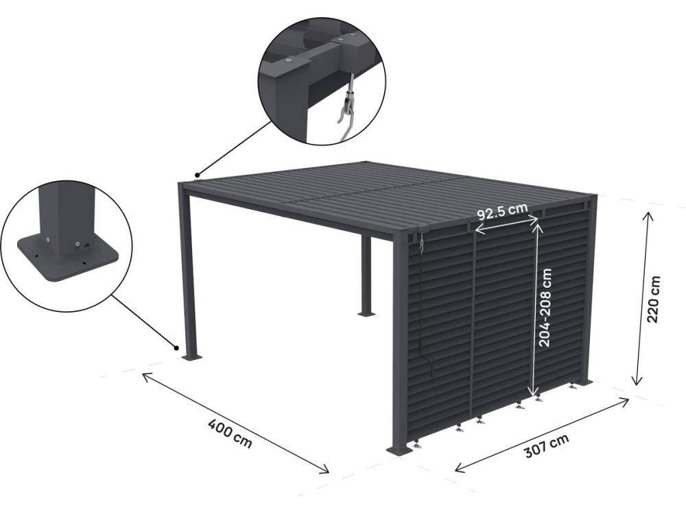 Pergola bioclimatique avec 3 persiennes en acier galvanisé "Howard" - 3 x 4 m - Gris