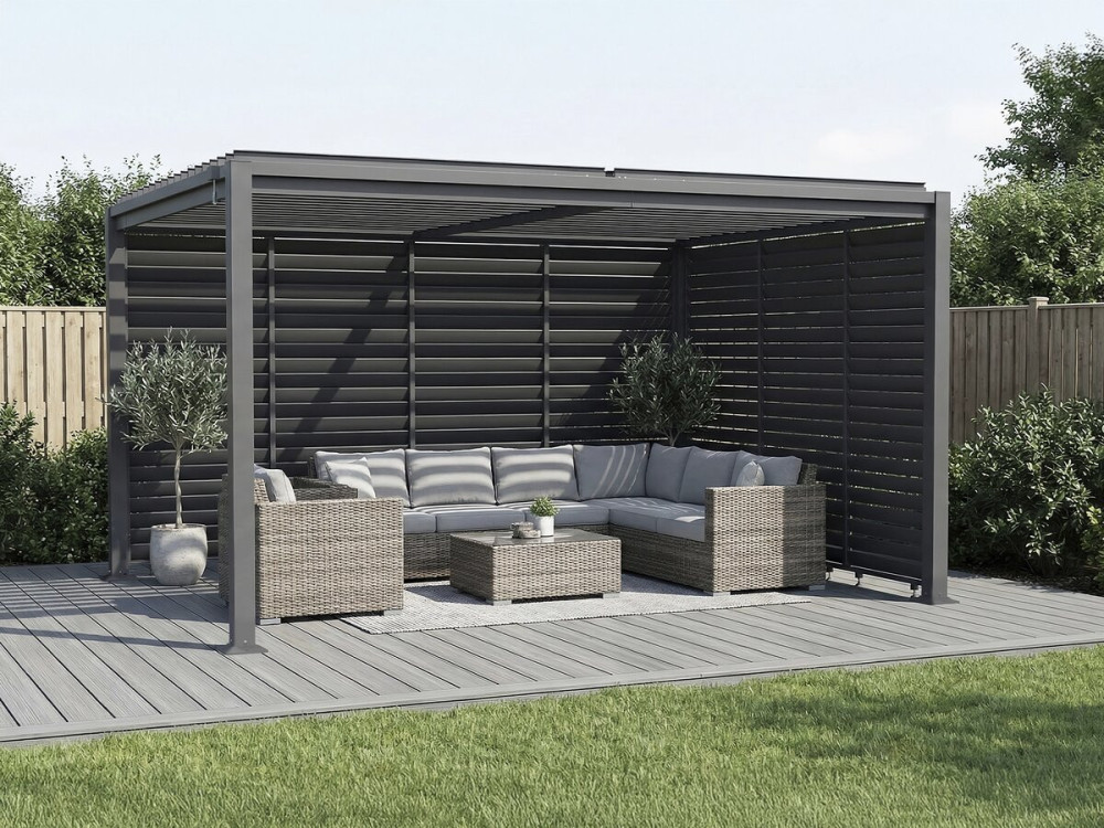 Pergola bioclimatique avec 7 persiennes en acier galvanisé "Howard" - 3 x 4 m - Gris
