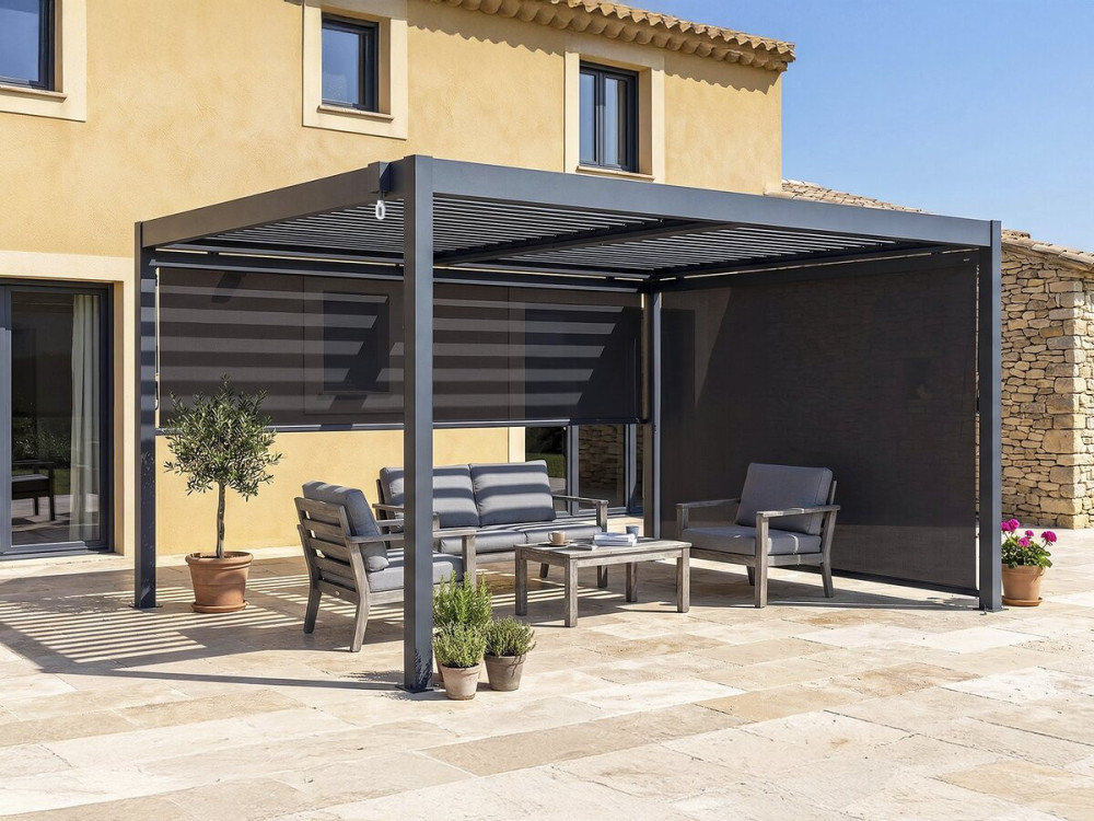 Pergola bioclimatique avec 2 stores en aluminium "Windsor" - 3 x 4 m - Gris