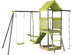 Aire de jeu portique en métal avec toboggan et bac a sable "Sohane"  - Vert