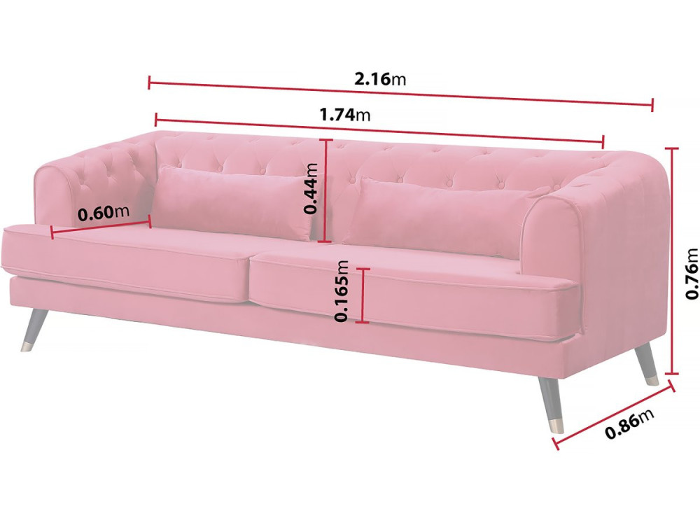 Canapé fixe en velours "Gloria" - 216 x 86 x 76 cm - 3 places - Rouge