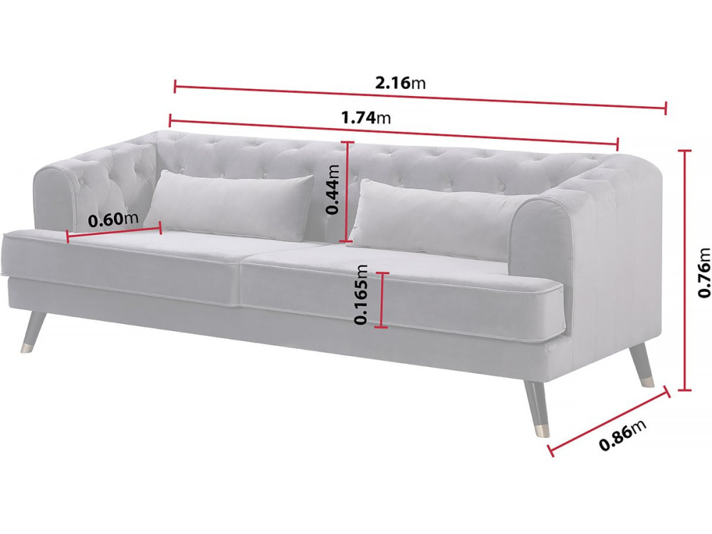 Canapé fixe en velours "Gloria" - 216 x 86 x 76 cm - 3 places - Gris
