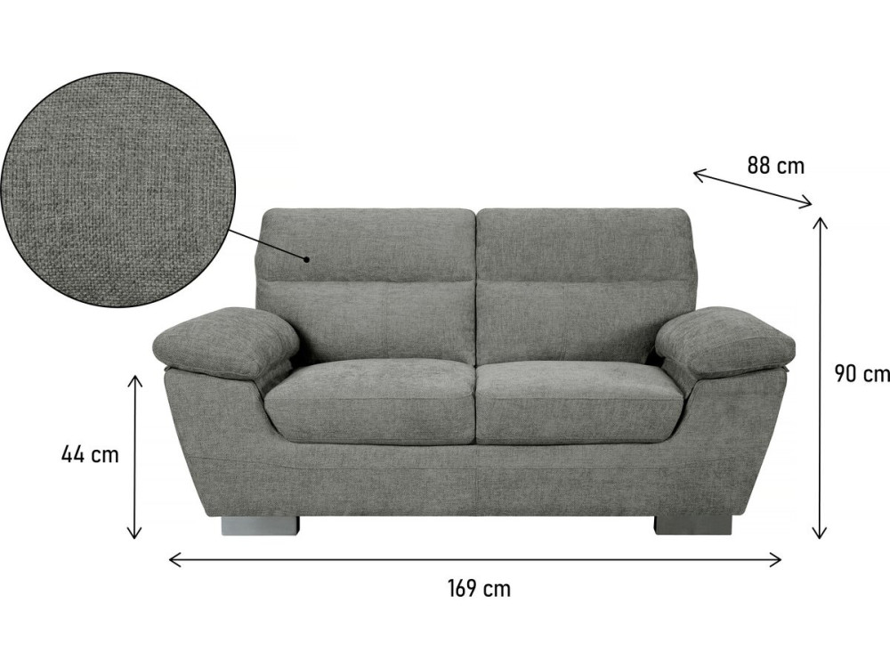 Canapé fixe en tissu "Dallas" - 169 x 88 x 90 cm - 2 places - Gris