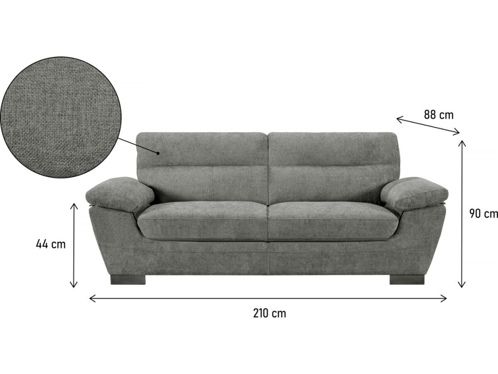 Canapé fixe en tissu "Dallas" - 210 X 88 X 90 cm - 3 places - Gris