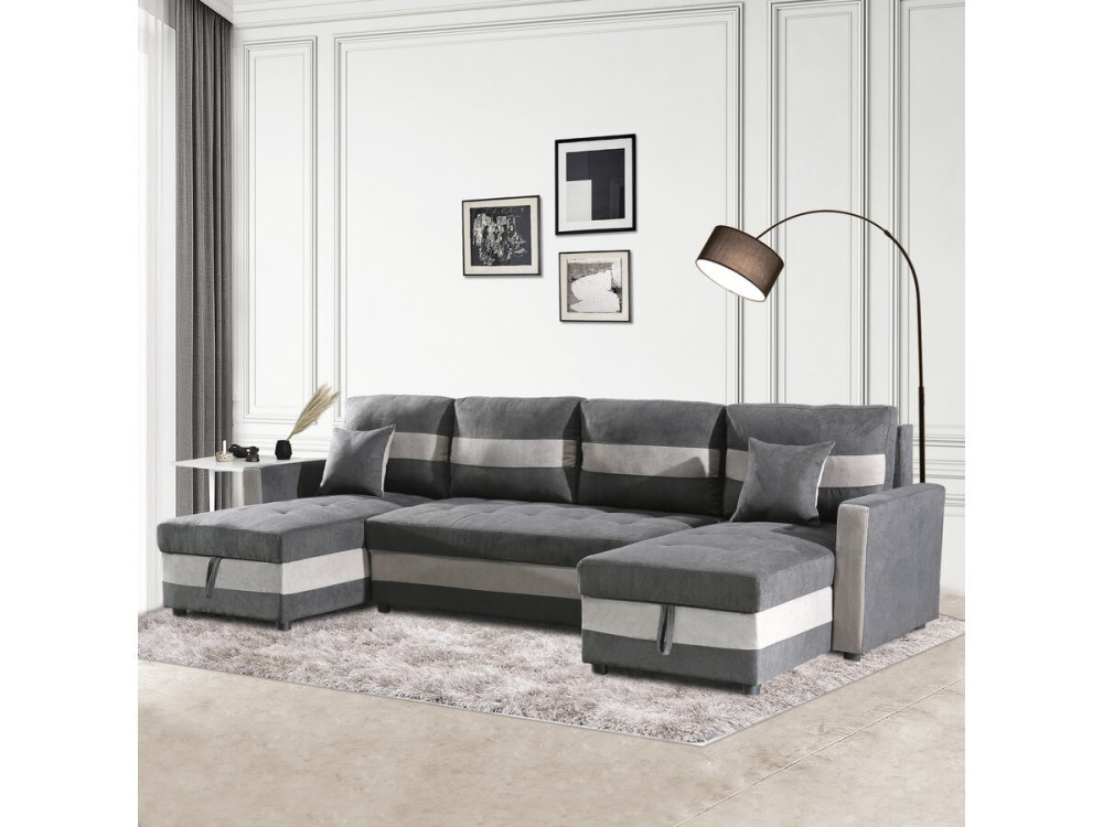 Canapé panoramique convertible avec coffres de rangement "Antoine" - 5 places - Gris foncé/ Gris clair