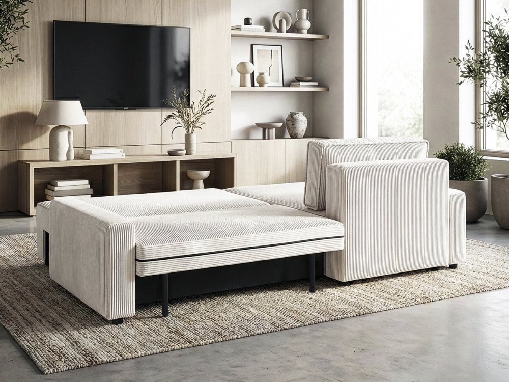 Canapé d'angle convertible et reversible en velours côtelé "Montaigne" - 3 places  - Beige