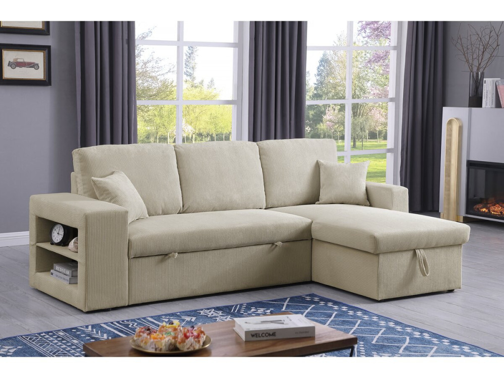 Canapé d'angle en velours côtelé convertible/réversible "Axel" - 3 places - Beige