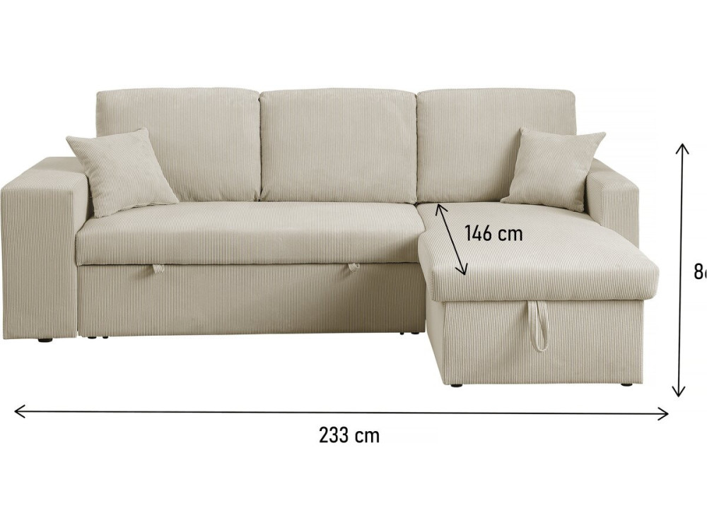 Canapé d'angle en velours côtelé convertible/réversible "Axel" - 3 places - Beige
