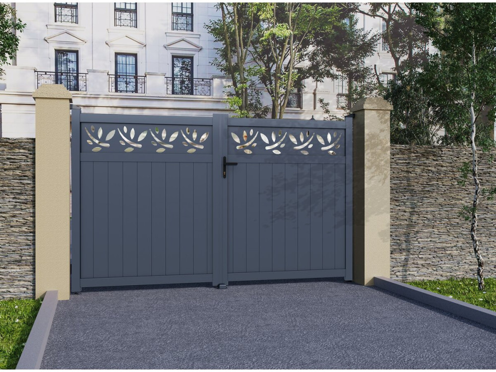 Portail aluminium semi-ajouré à motif "Maya" - 300 x 140 cm - Gris