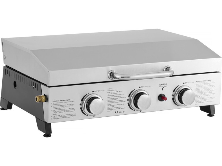 Plancha à gaz avec 3 bruleurs et couvercle en métal "Fasto" - 7,5 kw - Gris