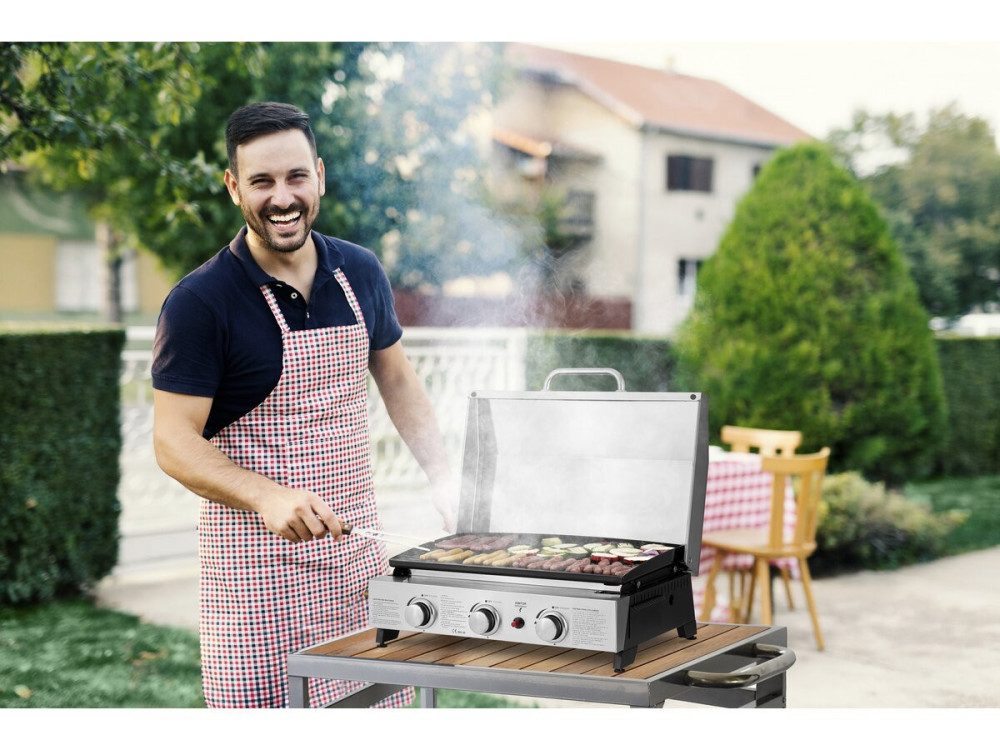Plancha à gaz avec 3 bruleurs et couvercle en métal "Fasto" - 7,5 kw - Gris