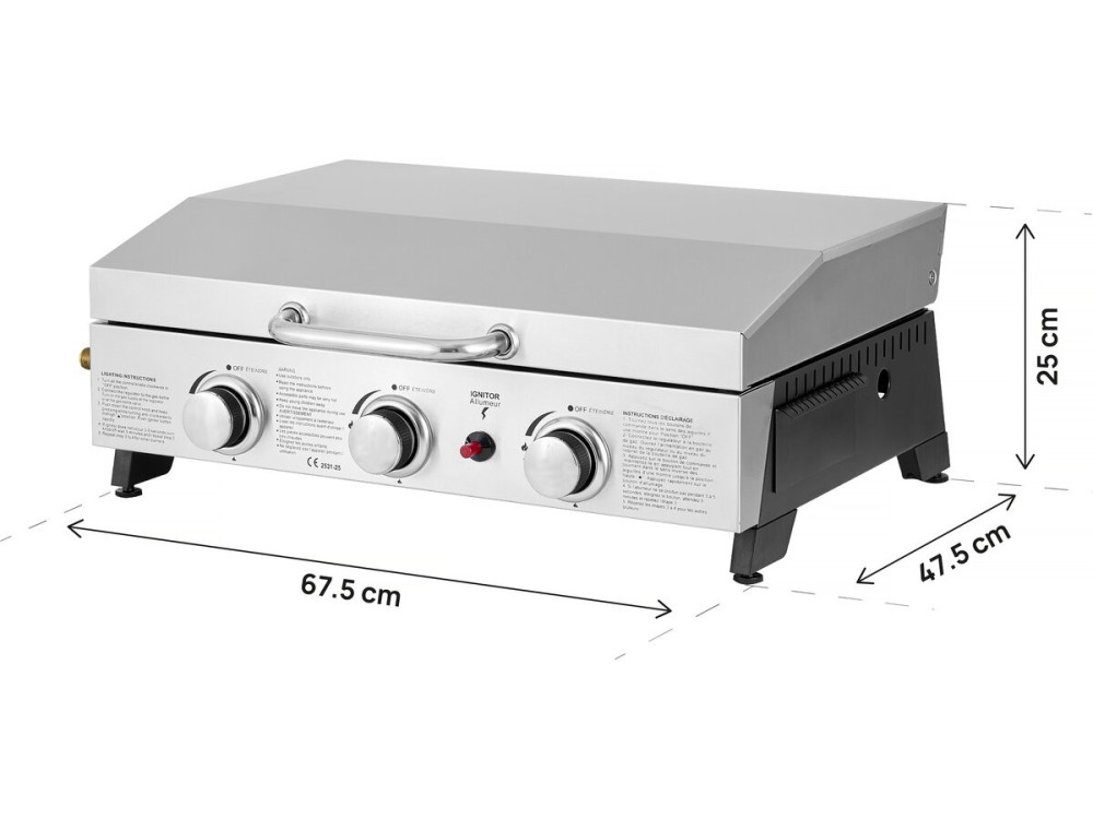 Plancha à gaz avec 3 bruleurs et couvercle en métal "Fasto" - 7,5 kw - Gris