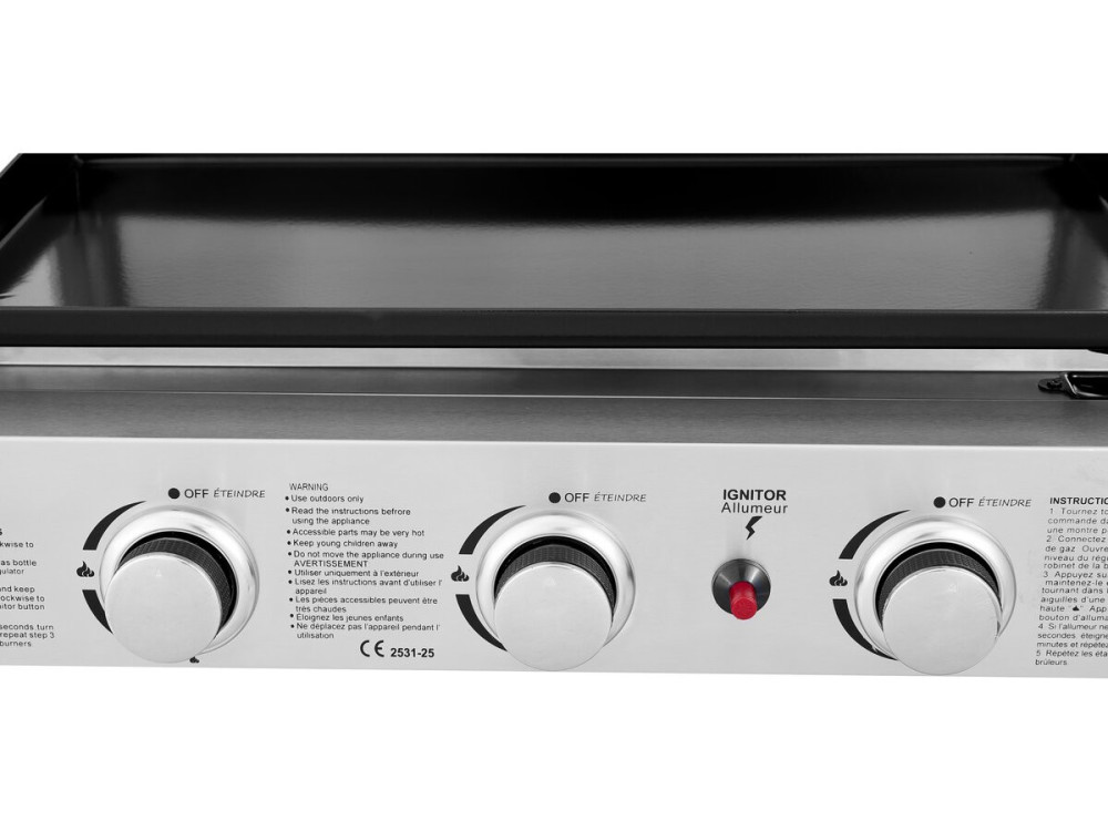 Plancha à gaz avec 3 bruleurs et couvercle en métal "Fasto" - 7,5 kw - Gris