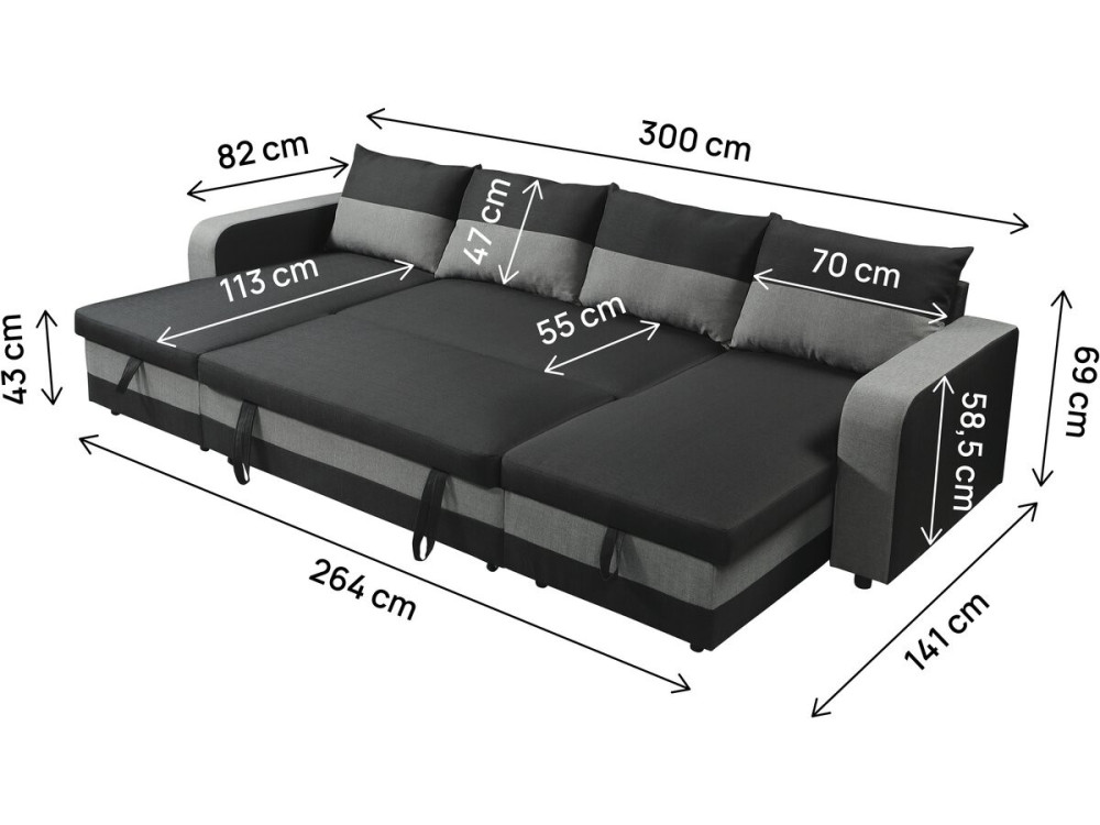 Canapé d'angle panoramique convertible en tissu "Victor" - 4 places - Noir