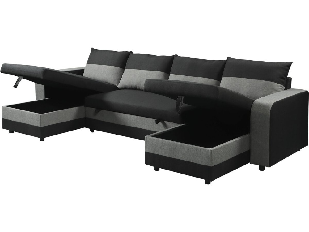 Canapé d'angle panoramique convertible en tissu "Victor" - 4 places - Noir