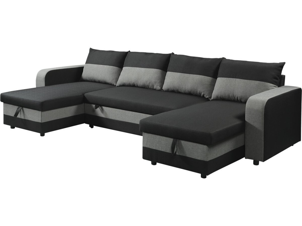 Canapé d'angle panoramique convertible en tissu "Victor" - 4 places - Noir