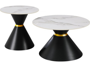 Lot de 2 tables basses gigognes en céramique "Lune" - 70 x 70 x 42 cm - Gris/Blanc