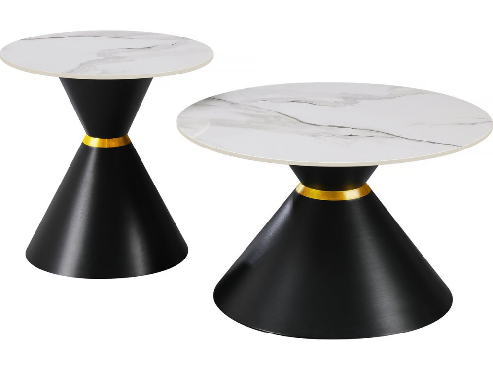 Lot de 2 tables basses gigognes en céramique "Lune" - 70 x 70 x 42 cm - Gris/Blanc