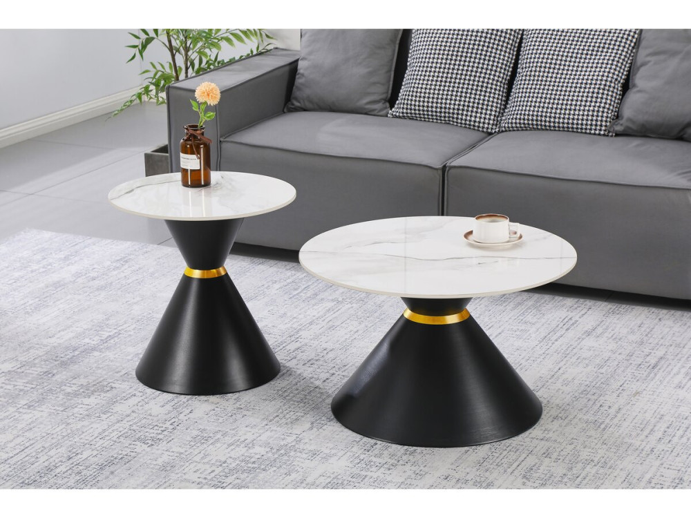 Lot de 2 tables basses gigognes en céramique "Lune" - 70 x 70 x 42 cm - Gris/Blanc