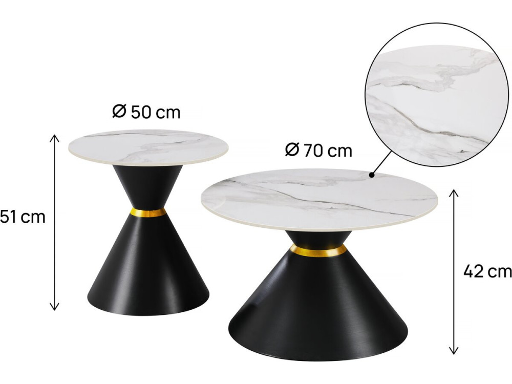 Lot de 2 tables basses gigognes en céramique "Lune" - 70 x 70 x 42 cm - Gris/Blanc