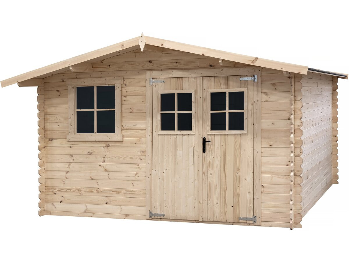 Abri de jardin en bois naturel with double porte et fenêtre à carreaux noir, structure en madriers, toit à pente légère, design rustic. Abri de jardin en bois naturel with double porte et fenêtre à carreaux noir, structure en madriers, toit à pente légère, design rustic.